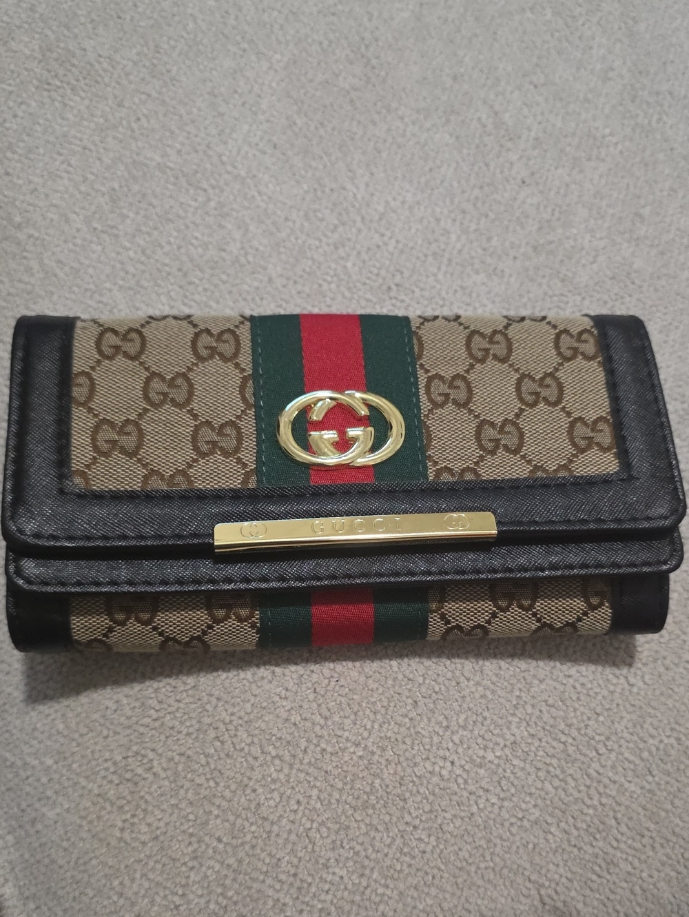 Gucci Beige Monogram Wallet with Green and Red Web and Gold Hardware
